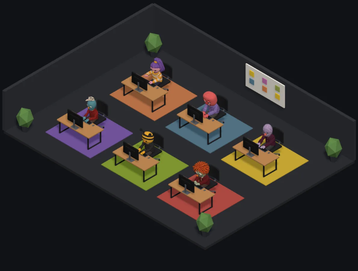Gitterdone AI Office: six AI teammates working at their desks in an isometric office