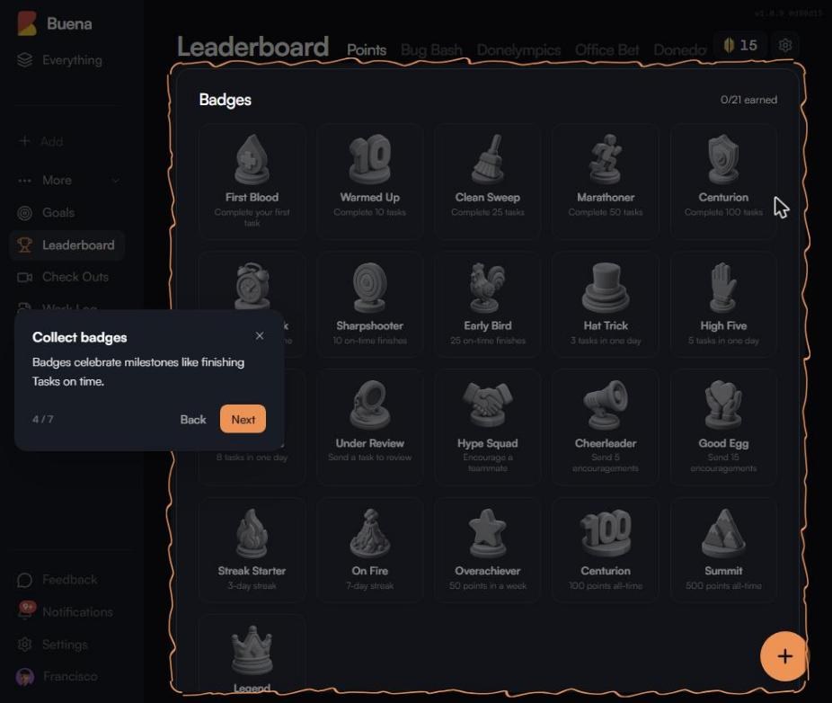Gitterdone badges grid: First Blood, Warmed Up, Clean Sweep, Marathoner and more, with the orange onboarding outline